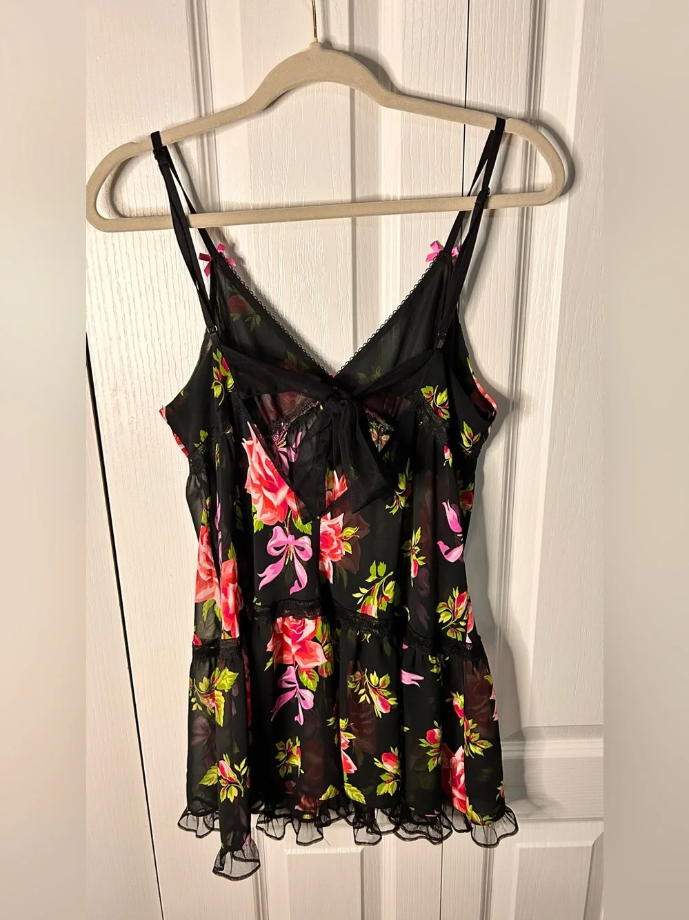 Betsey Johnson Babydoll Chemise Womens Large Floral Sheer Ruffle Coquette Dress‎